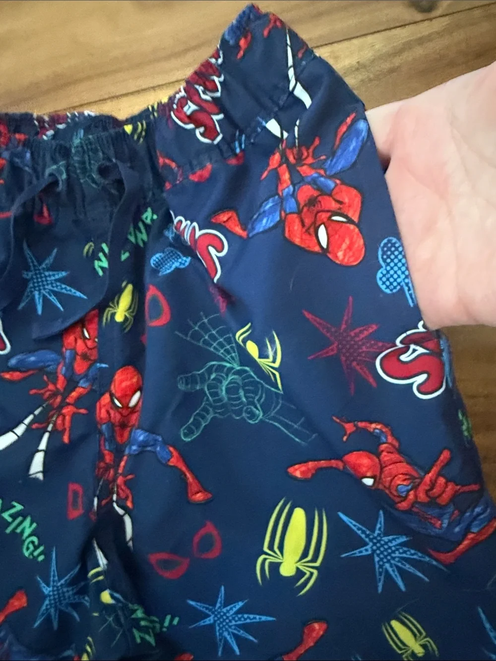 Marvel Boys Navy Blue Spider-Man Swim Trunks with Red and Yellow Accents